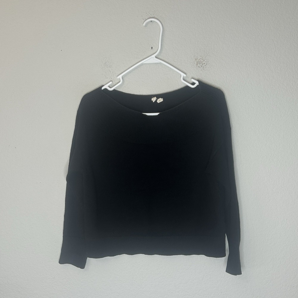 Moth Anthropologie Black Ribbed Knit Boatneck Sweater Boxy Crop Pullover S